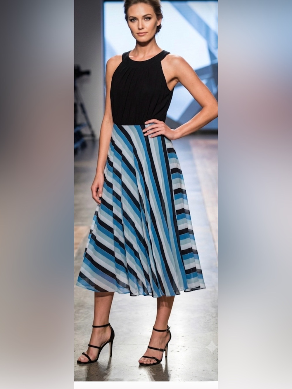 Sandra Darren Black & Blue Striped Maxi Dress